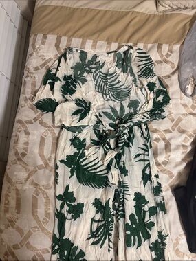 Lush White and Dark Green Tropical Print Jumpsuit